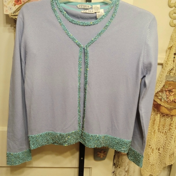 Vintage ZZ Silk Two Pc. Silk/Cashmere Beaded Twin Set - Picture 1 of 8